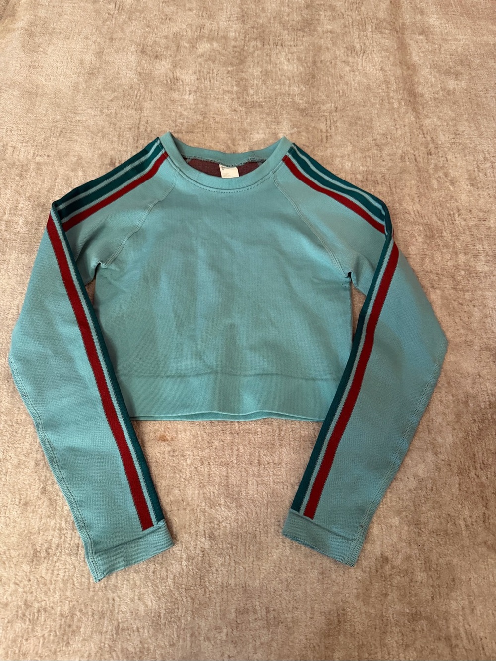 Fabletics Teal Cropped Crewneck with Red & Dark Teal Sleeve Stripes